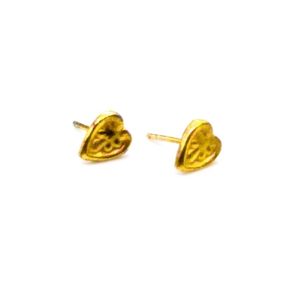 Vintage Tiny Etched Heart Stud Earrings, Minimalist Gold Tone - Picture 1 of 4